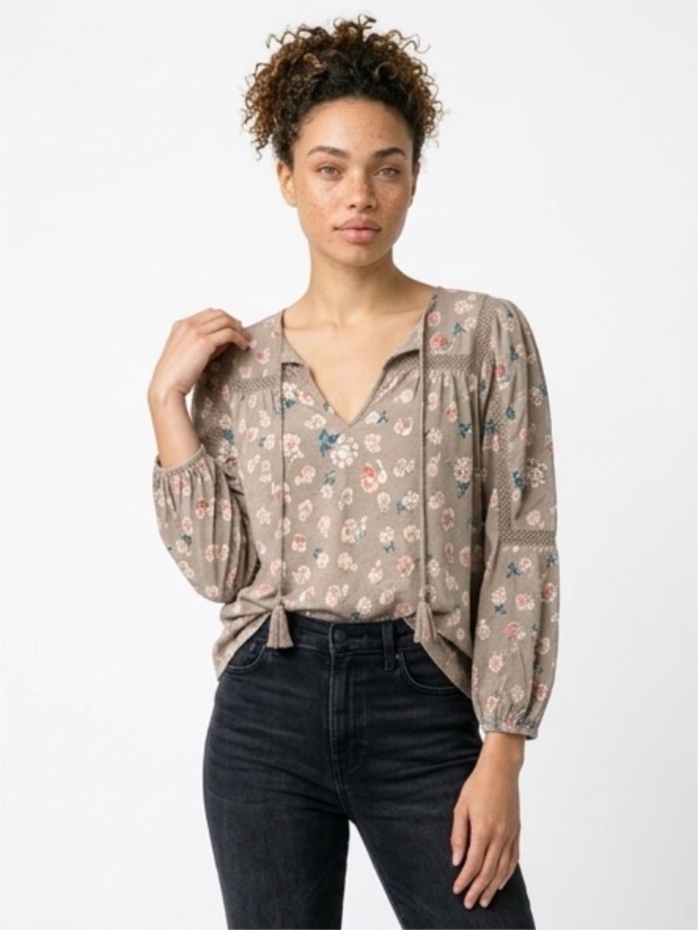Lucky Brand - Floral Cotton Lace Trim Blouse - Taupe Multicolor - Size Small
